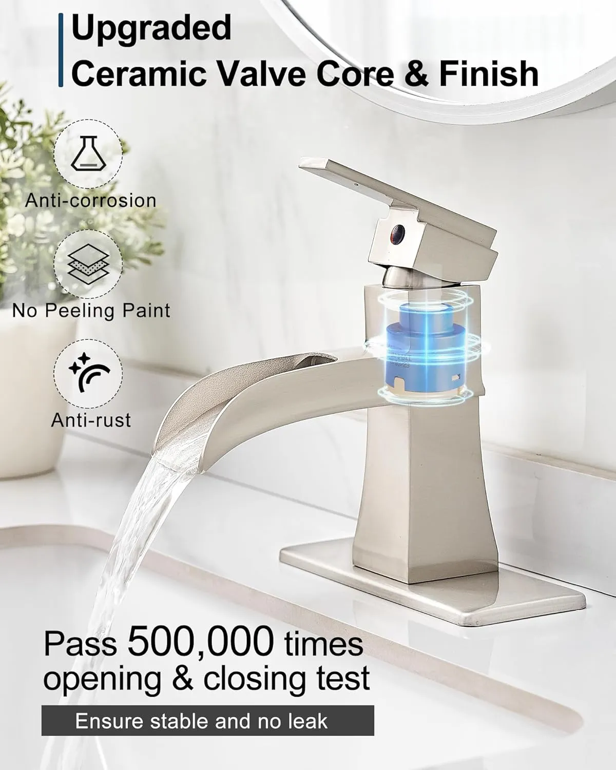 Waterfall Bathroom Sink Faucet, Brass Brushed Nickel Bathroom Faucet One Handle, 4 Inch Single Hole or 3 Holes with Pop-Up Drain, Supply Hoses & Deck Plate for Vanity Lavatory RV, 5 Mins Install