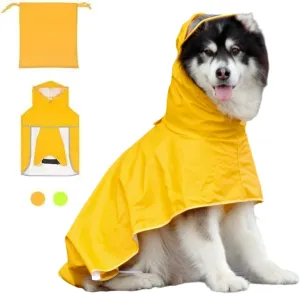Waterproof Dog Rain Jacket with Hood - Reflective Strip, Adjustable Belly Strap, Lightweight Poncho with Storage Bag (Large, Yellow)