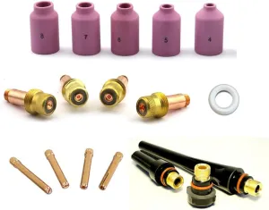 WeldingCity TIG Welding Torch Accessory Kit for Gas Lens Setup .040"-1/16"-3/32"-1/8" Collet-Gas Lens-Ceramic Cup-Gasket-Back Cap for Torch 17, 18 and 26 Miller Lincoln Hobart ESAB Weldcraft (T6)