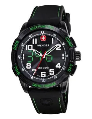 Wenger Mens LED Nomad Compass - Green & Black - Black Rubber Strap