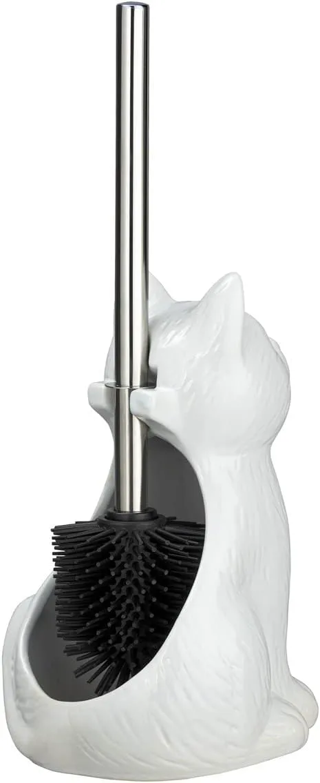WENKO Cat Toilet Brush Holder, Ceramic, White, 22 x 17 x 14 cm