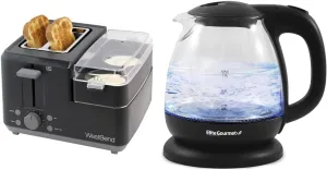 West Bend 78500 Breakfast Station Wide Slot Toaster, 2-Slice, Black & Elite Gourmet EKT1001 Electric BPA-Free Glass Kettle, Cordless 360° Base, Stylish Blue LED Interior, Black, 1L