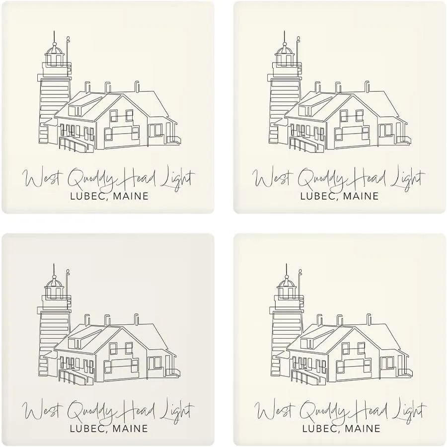 West Quoddy Head Light, Joyride Home Decor, 4 Ceramic Coasters, 4-inch Square Drink Coasters, Set of 4, Non-Slip Cork Back, Protects Surfaces, Express Your Style.