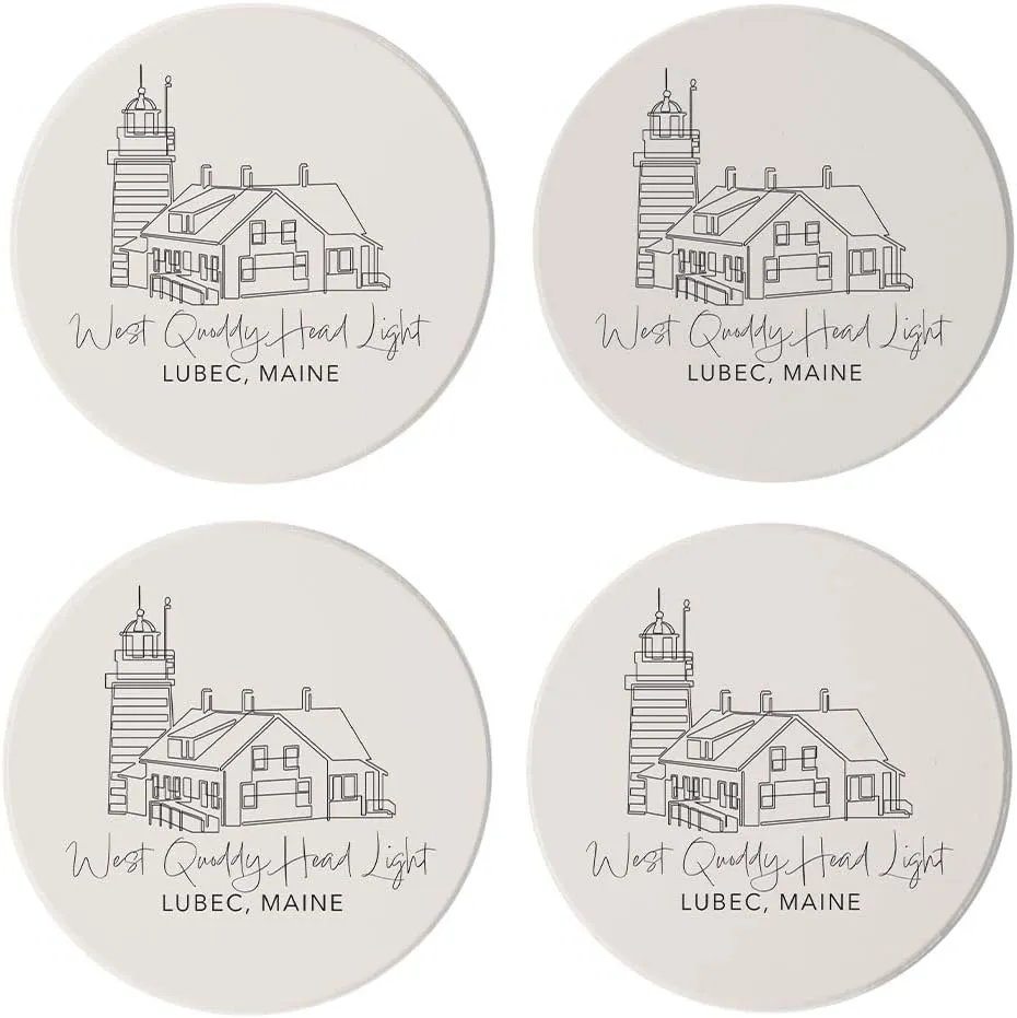 West Quoddy Head Light Muted Coastal, Joyride Home Decor, 4 Ceramic Coasters, 4-inch Circle Drink Coasters, Set of 4, Non-Slip Cork Back, Protects Surfaces, Express Your Style.