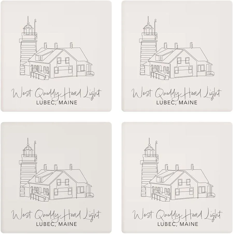West Quoddy Head Light Muted Coastal, Joyride Home Decor, 4 Ceramic Coasters, 4-inch Square Drink Coasters, Set of 4, Non-Slip Cork Back, Protects Surfaces, Express Your Style.