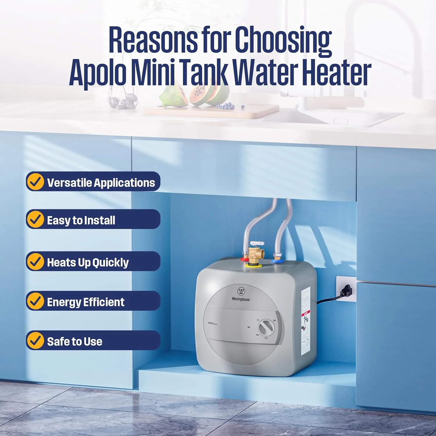 Westinghouse Electric Mini Tank Water Heater - 1.3 Gallon Point of Use Instant Hot Water 120V 1440W - Small Hot Water, Under Sink - Wall or Floor Mounted, Easy to Install, UL Listed