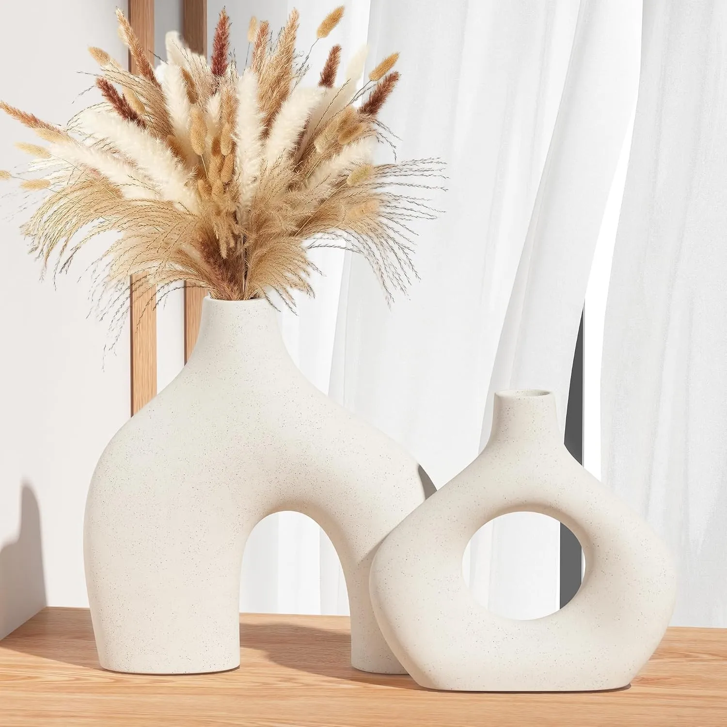 White Ceramic Vase Set of 2, Pampas Grass Vases for Home Decor, Round Matte Boho Vases for Flowers, Nordic Minimalism Style vase for Living Room Bedroom Shelf Decor