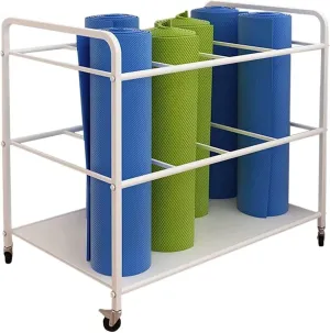 White Yoga Mat Storage Cart on Wheels, Large Capacity Foam Roller Organizer Rack, Lockable Wheels for Home Gym