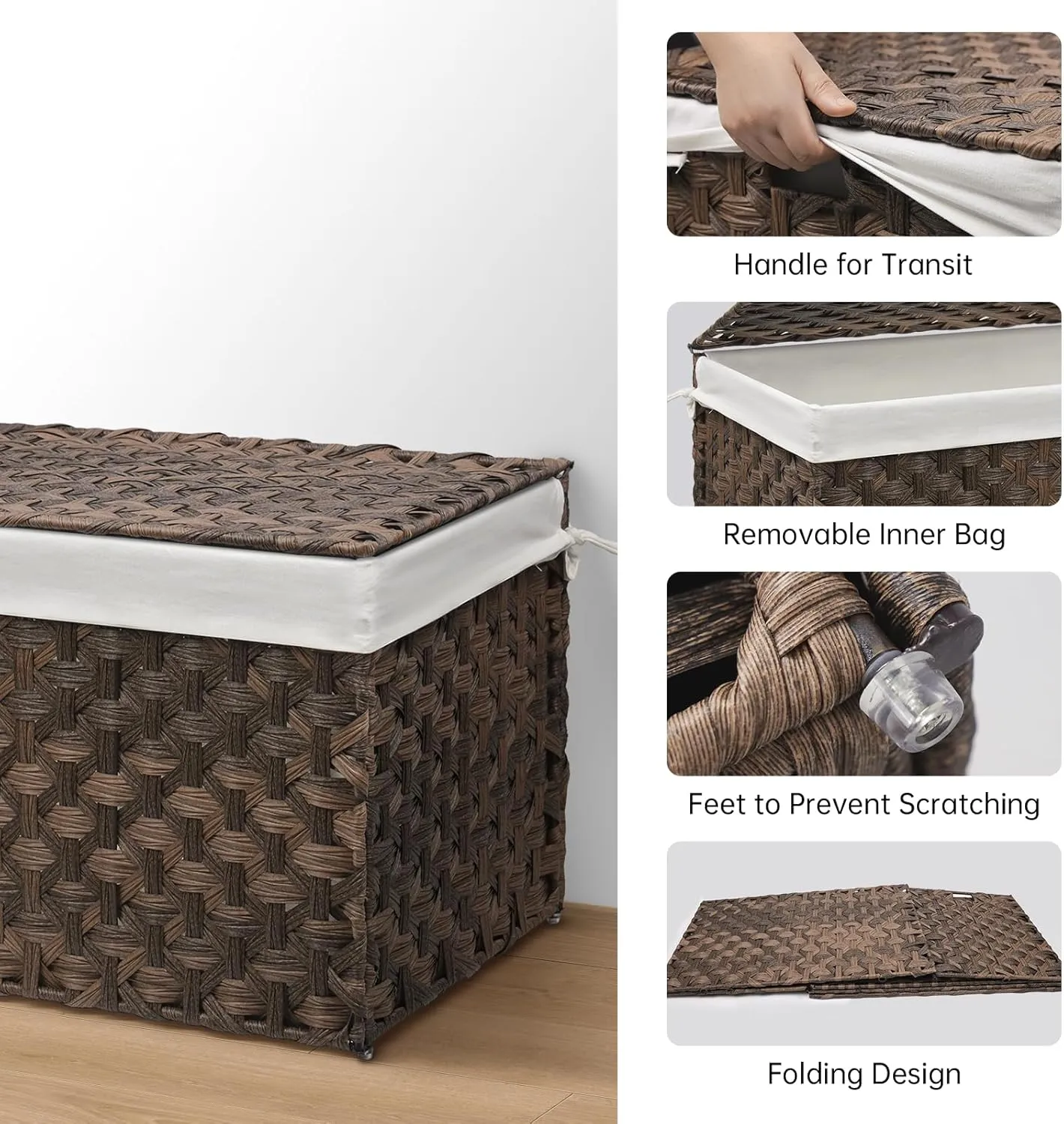 Wicker Storage Basket with Lid, 42.3 Gallon (160L) Large Blanket Basket with Lid, Woven Storage Bin with Handles, Removable Liner, Metal Frame, Foldable, for Bedroom, Laundry Room, Brown