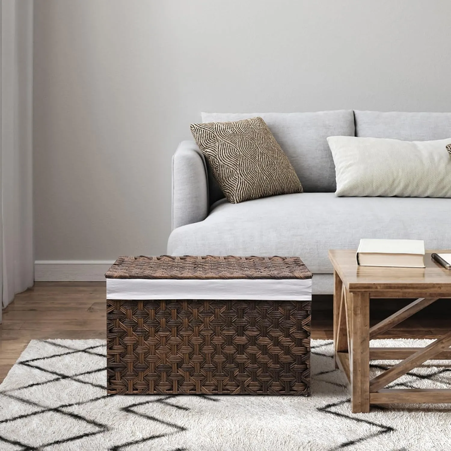 Wicker Storage Basket with Lid, 42.3 Gallon (160L) Large Blanket Basket with Lid, Woven Storage Bin with Handles, Removable Liner, Metal Frame, Foldable, for Bedroom, Laundry Room, Brown