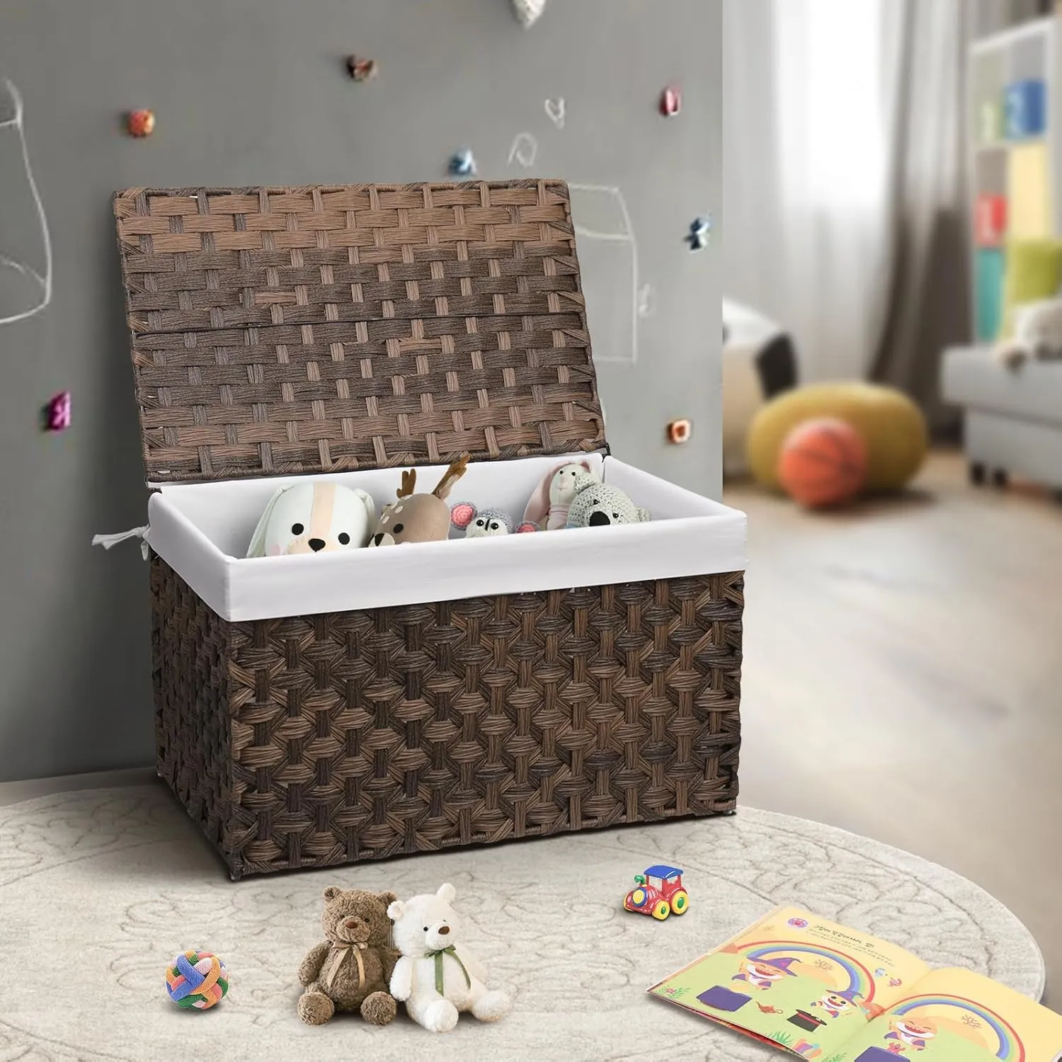 Wicker Storage Basket with Lid, 42.3 Gallon (160L) Large Blanket Basket with Lid, Woven Storage Bin with Handles, Removable Liner, Metal Frame, Foldable, for Bedroom, Laundry Room, Brown