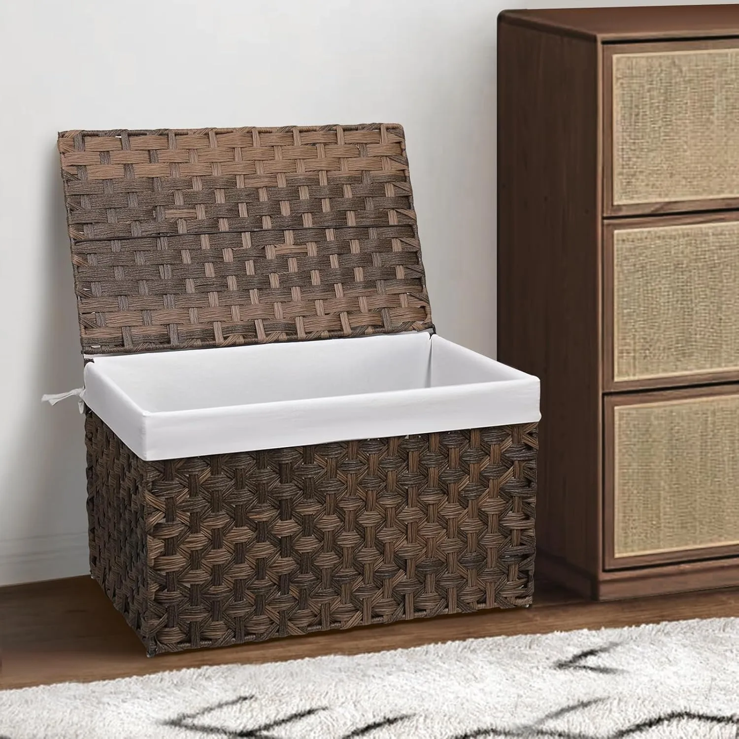 Wicker Storage Basket with Lid, 42.3 Gallon (160L) Large Blanket Basket with Lid, Woven Storage Bin with Handles, Removable Liner, Metal Frame, Foldable, for Bedroom, Laundry Room, Brown