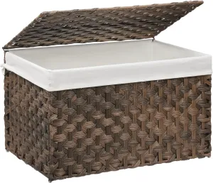Wicker Storage Basket with Lid, 42.3 Gallon (160L) Large Blanket Basket with Lid, Woven Storage Bin with Handles, Removable Liner, Metal Frame, Foldable, for Bedroom, Laundry Room, Brown