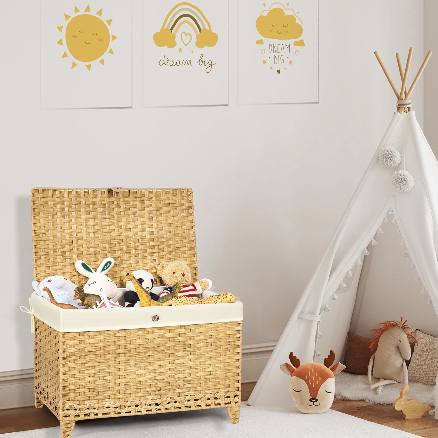 Wicker Storage Basket with Lid,Rattan Shelf Basket with Removable Liner Bag,160L Storage Bin,Storage Trunk with Heightened Feet,Storage Container for Wardrobe,Home Organizer