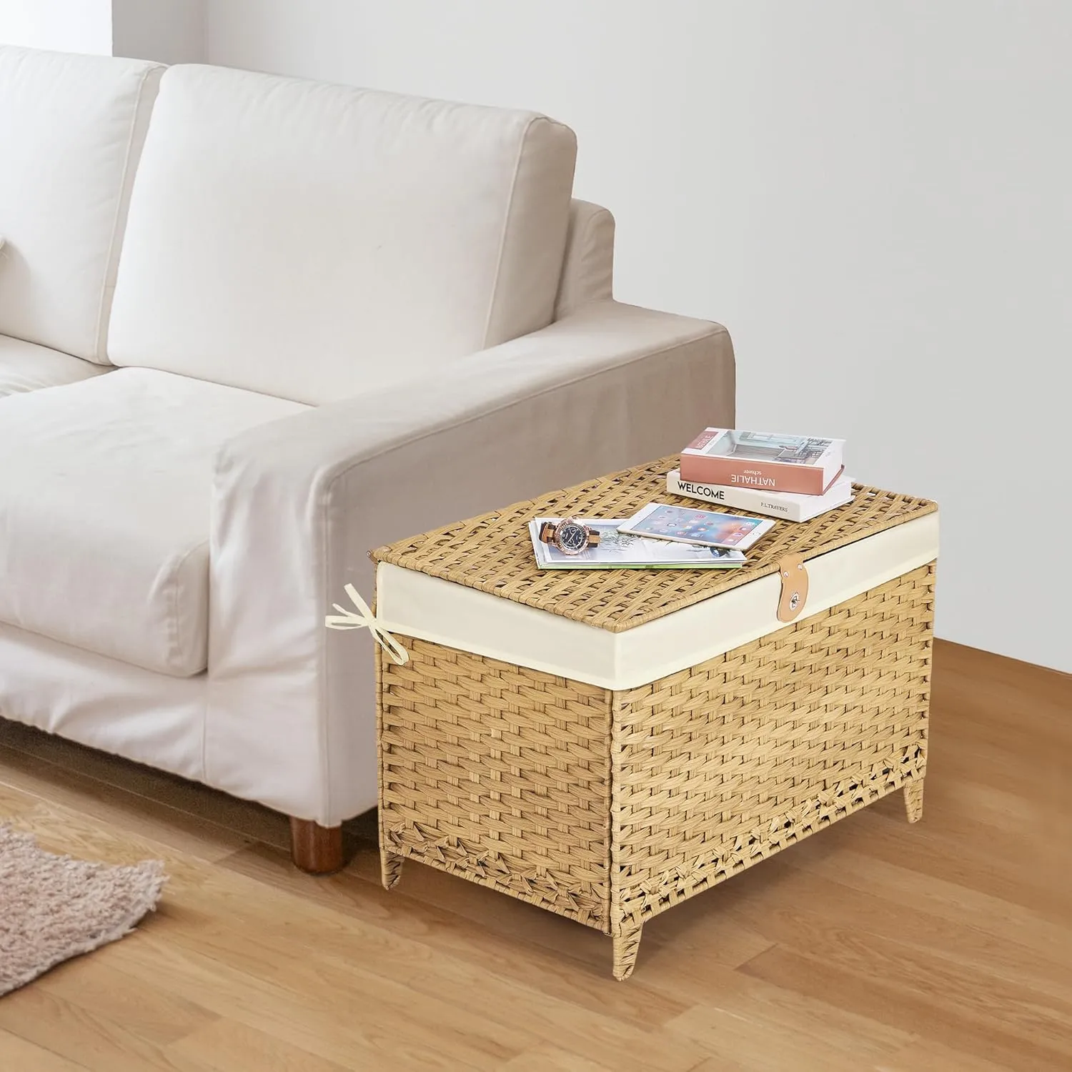 Wicker Storage Basket with Lid,Rattan Shelf Basket with Removable Liner Bag,160L Storage Bin,Storage Trunk with Heightened Feet,Storage Container for Wardrobe,Home Organizer
