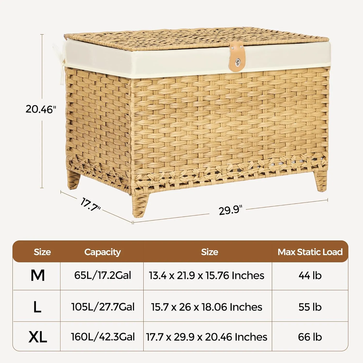 Wicker Storage Basket with Lid,Rattan Shelf Basket with Removable Liner Bag,160L Storage Bin,Storage Trunk with Heightened Feet,Storage Container for Wardrobe,Home Organizer