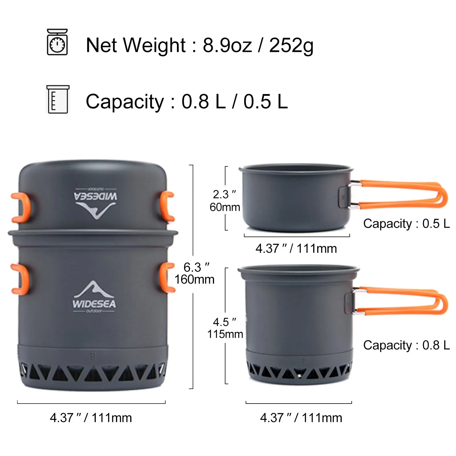 Widesea Camping Cookware Set – 1.3L/2.3L Outdoor Cooking Pot & Kettle for Hiking, Travel and Hunting