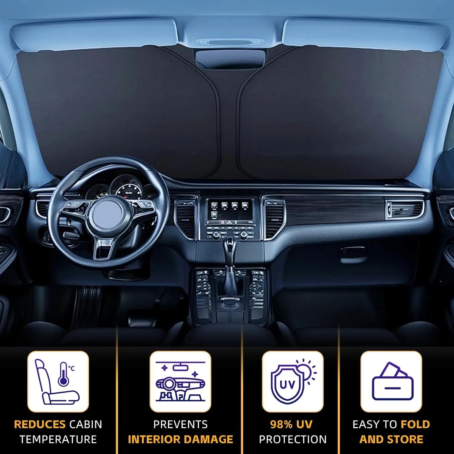 Windshield Sun Shade for Volvo XC40 2019-2025 Double Layer 240T Front Window Shade Custom Fit XC40 Sun Visor Foldable Shade Blocks UV Rays Summer Must Have Car Accessories