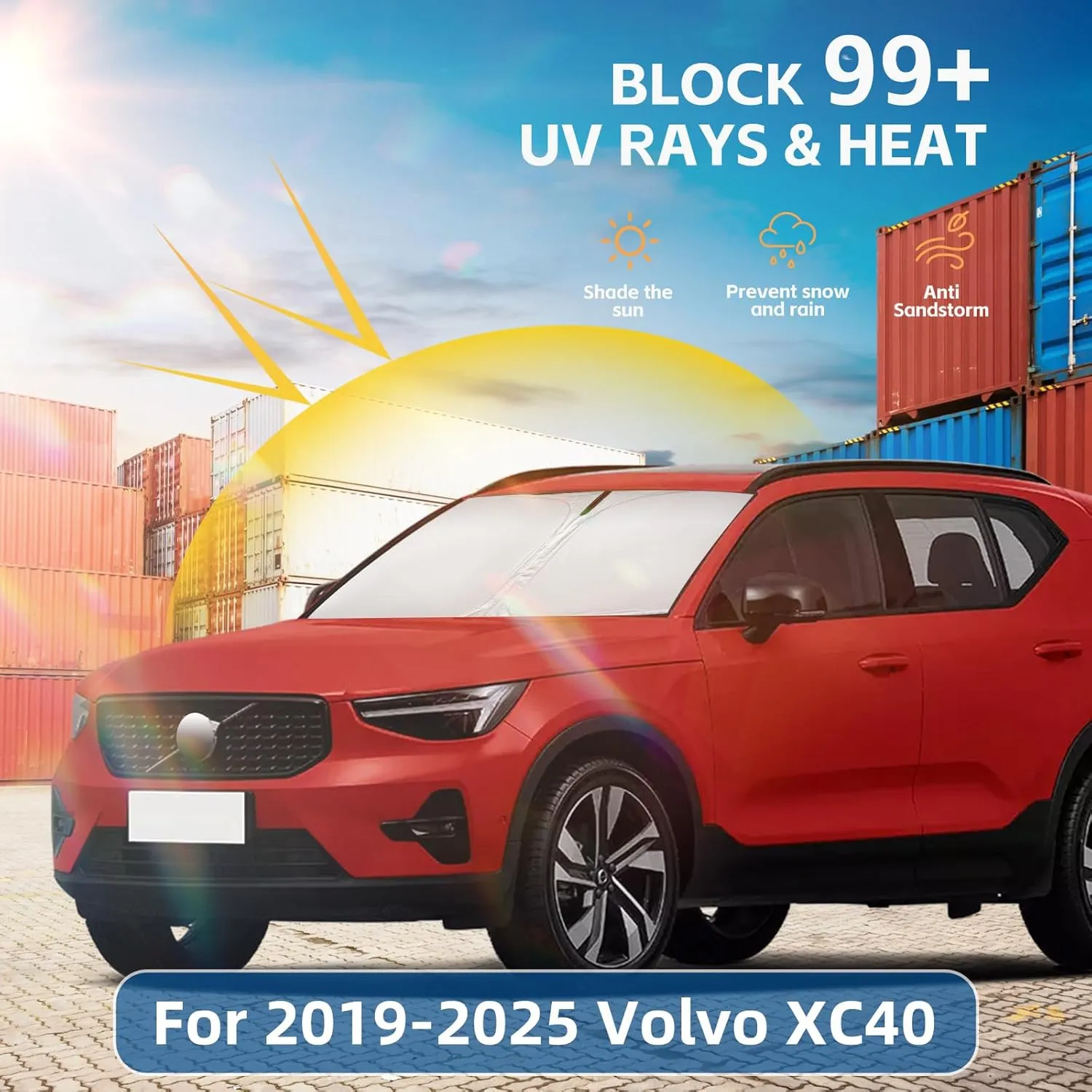 Windshield Sun Shade for Volvo XC40 2019-2025 Double Layer 240T Front Window Shade Custom Fit XC40 Sun Visor Foldable Shade Blocks UV Rays Summer Must Have Car Accessories