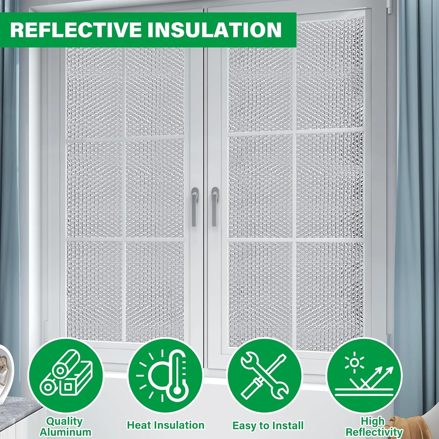 winemana Window Insulation Roll, 48IN x 20FT Reflective Heat Shield Bubble Film, Double-Sided Aluminum Foil Insulation, Weatherproof Garage Door Cover for Windows, RV, Basement, Winter & Summer