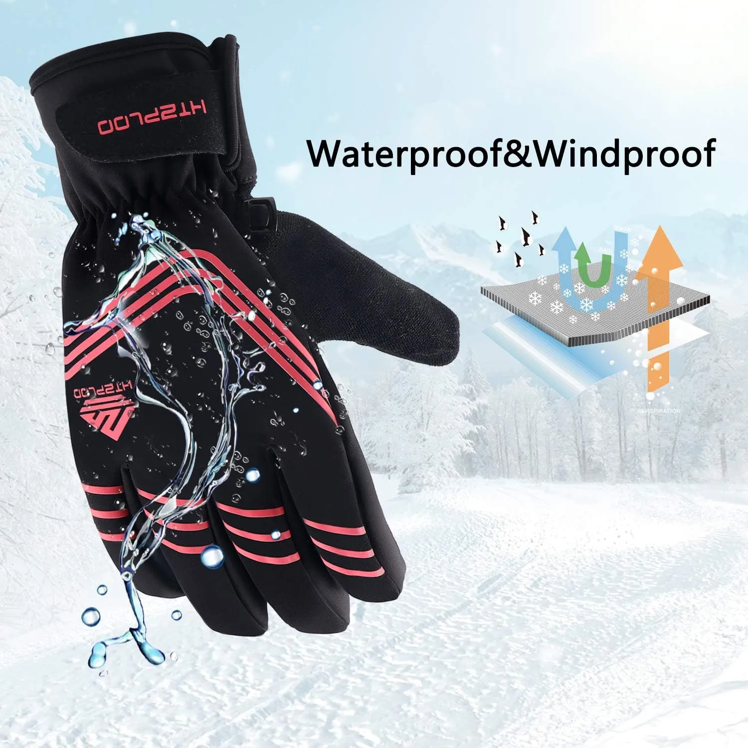 Winter Gloves Waterproof&Windproof with Shock-Absorbing Pad Anti-Slip Insulated Warm Gloves for Cycling Running Hiking Skiing