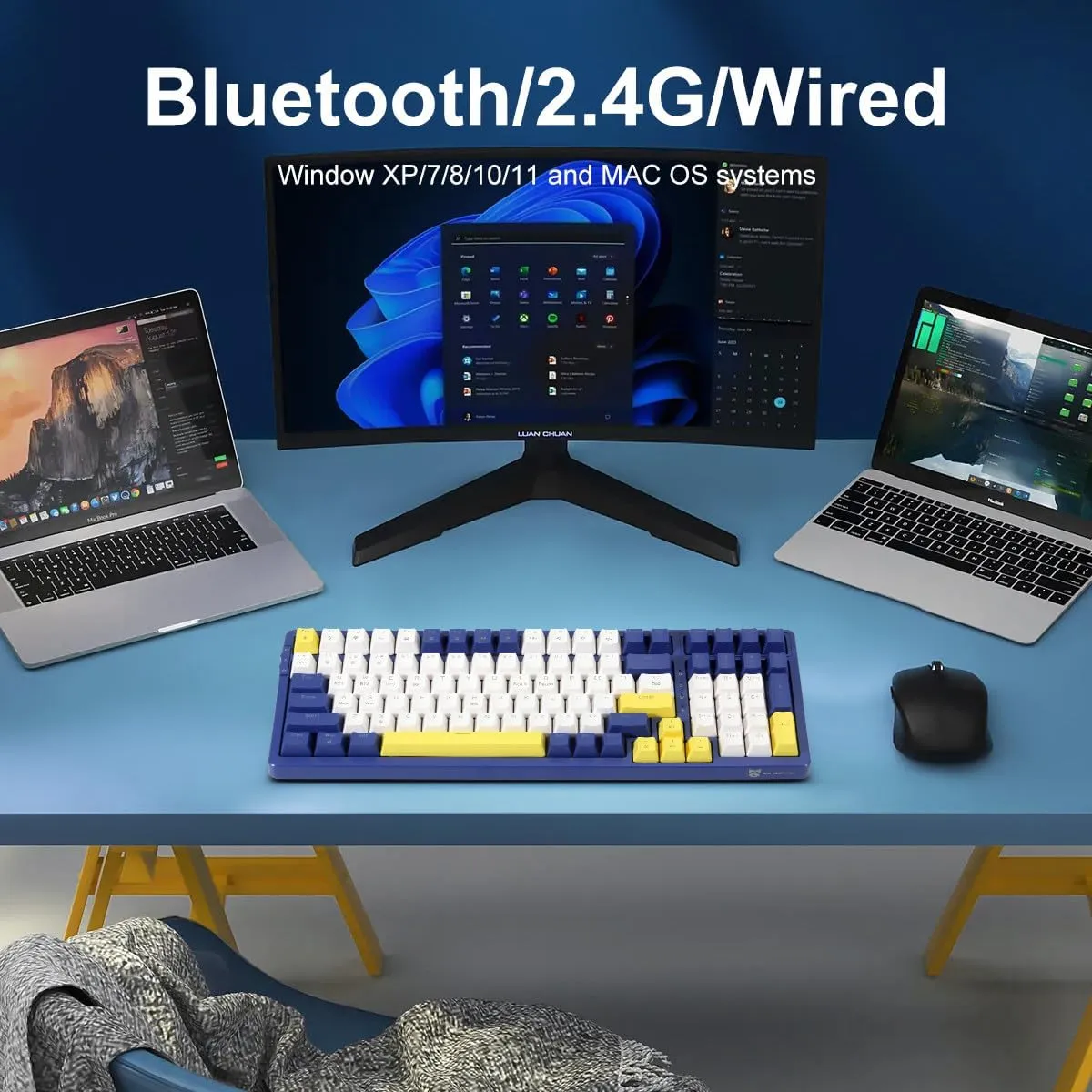 Wireless Mechanical Keyboard, Triple Mode 2.4G/USB-C/BT Gaming Keyboard 100 Keys Ice-Blue Backlit, Red Switch Keyboard | Rechargeable Keyboard | Mechanical Gaming Keyboard | Blue/White/Yellow
