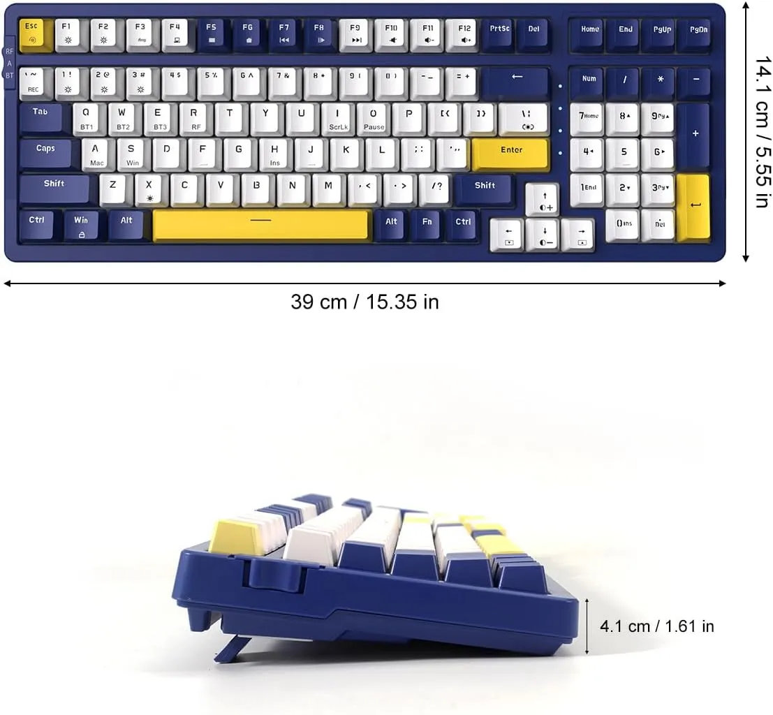 Wireless Mechanical Keyboard, Triple Mode 2.4G/USB-C/BT Gaming Keyboard 100 Keys Ice-Blue Backlit, Red Switch Keyboard | Rechargeable Keyboard | Mechanical Gaming Keyboard | Blue/White/Yellow