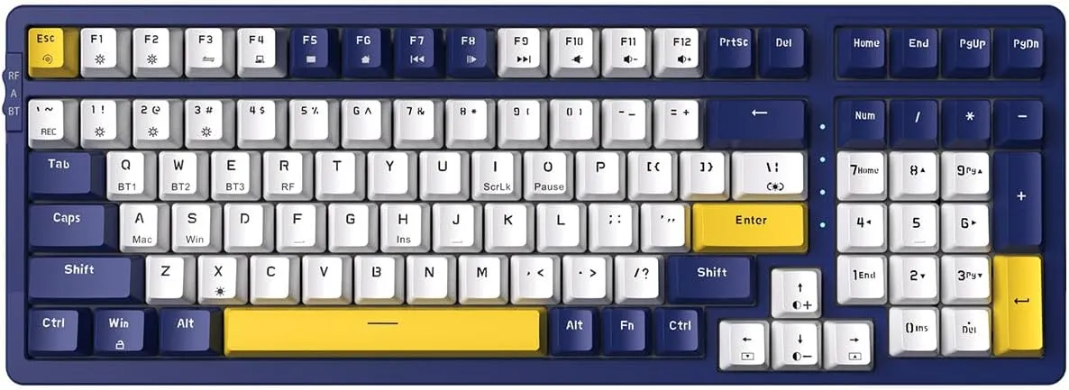 Wireless Mechanical Keyboard, Triple Mode 2.4G/USB-C/BT Gaming Keyboard 100 Keys Ice-Blue Backlit, Red Switch Keyboard | Rechargeable Keyboard | Mechanical Gaming Keyboard | Blue/White/Yellow