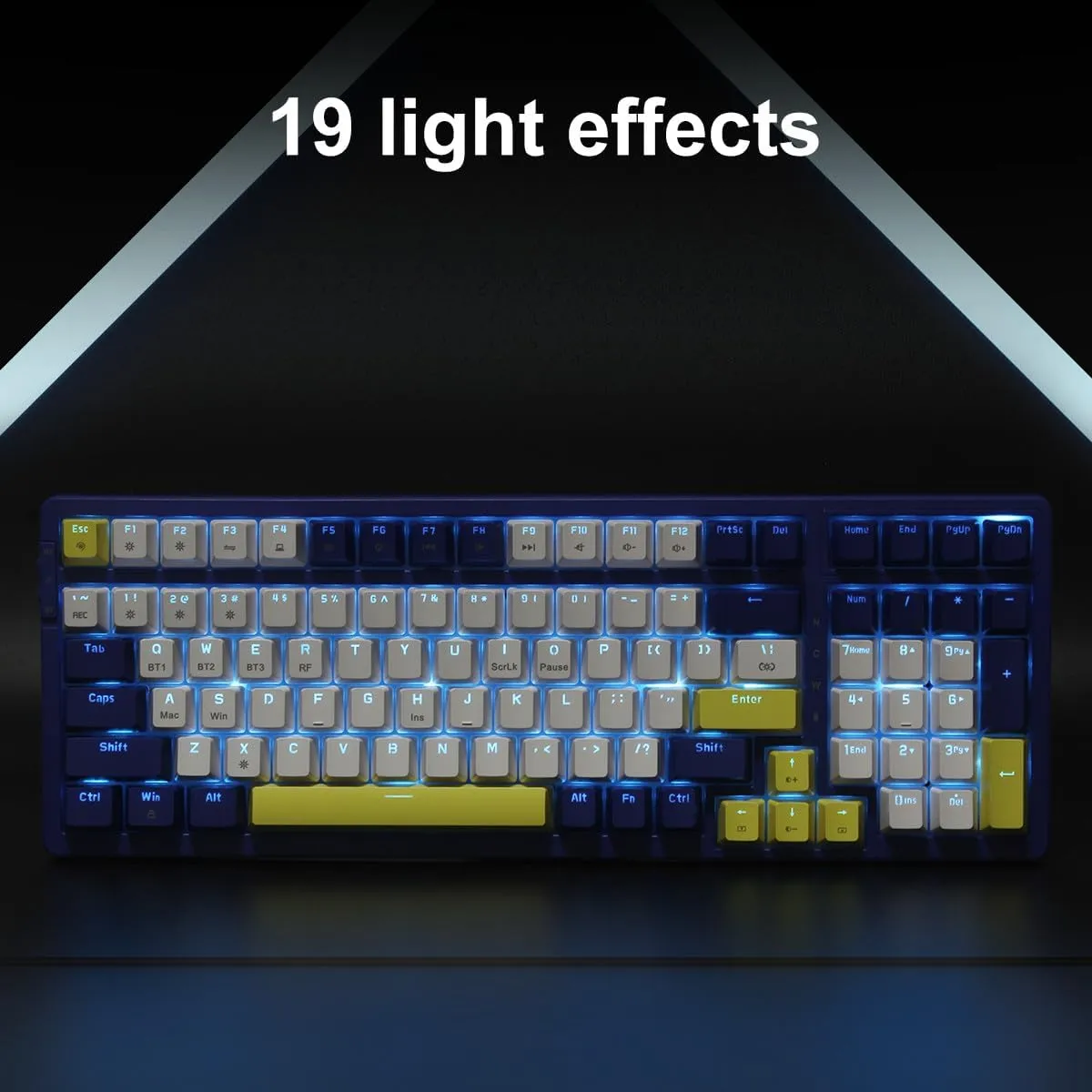 Wireless Mechanical Keyboard, Triple Mode 2.4G/USB-C/BT Gaming Keyboard 100 Keys Ice-Blue Backlit, Red Switch Keyboard | Rechargeable Keyboard | Mechanical Gaming Keyboard | Blue/White/Yellow