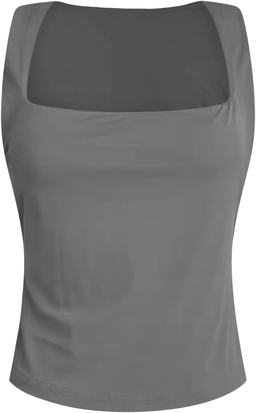 Women Square Neck Sleeveless Double Layer Tight Tank Top For Women Camisole Half Slip
