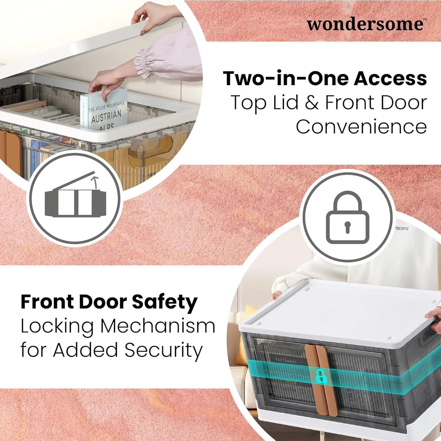 Wondersome Collapsible Storage Bins - 3-Pack of Extra-Large 19-Gallon/76-Quart Stackable Wheeled Clothing, Shoe, Bedroom, Office Organizer - Foldable Containers - Assembles in Second - US-Based Brand