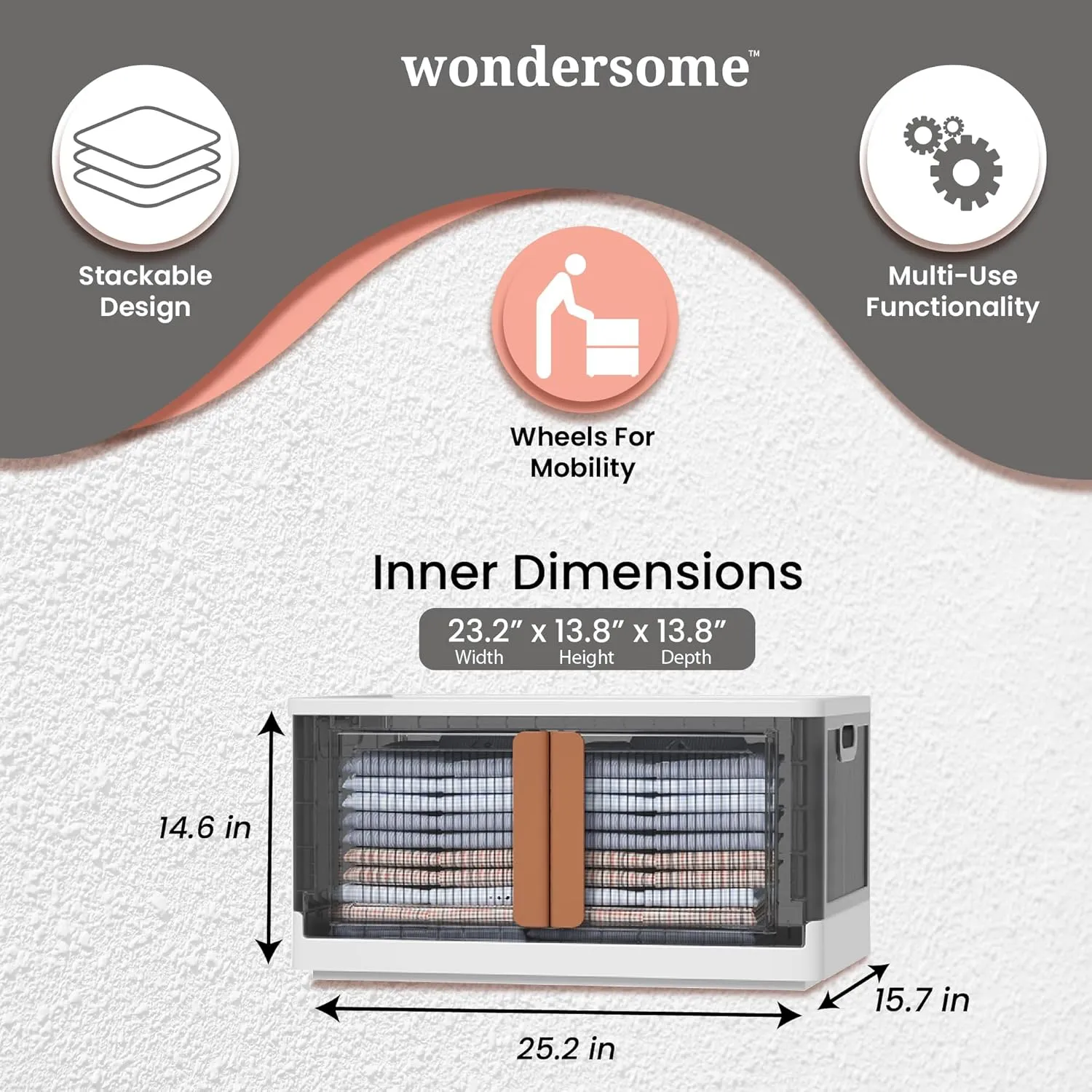 Wondersome Collapsible Storage Bins - 3-Pack of Extra-Large 19-Gallon/76-Quart Stackable Wheeled Clothing, Shoe, Bedroom, Office Organizer - Foldable Containers - Assembles in Second - US-Based Brand