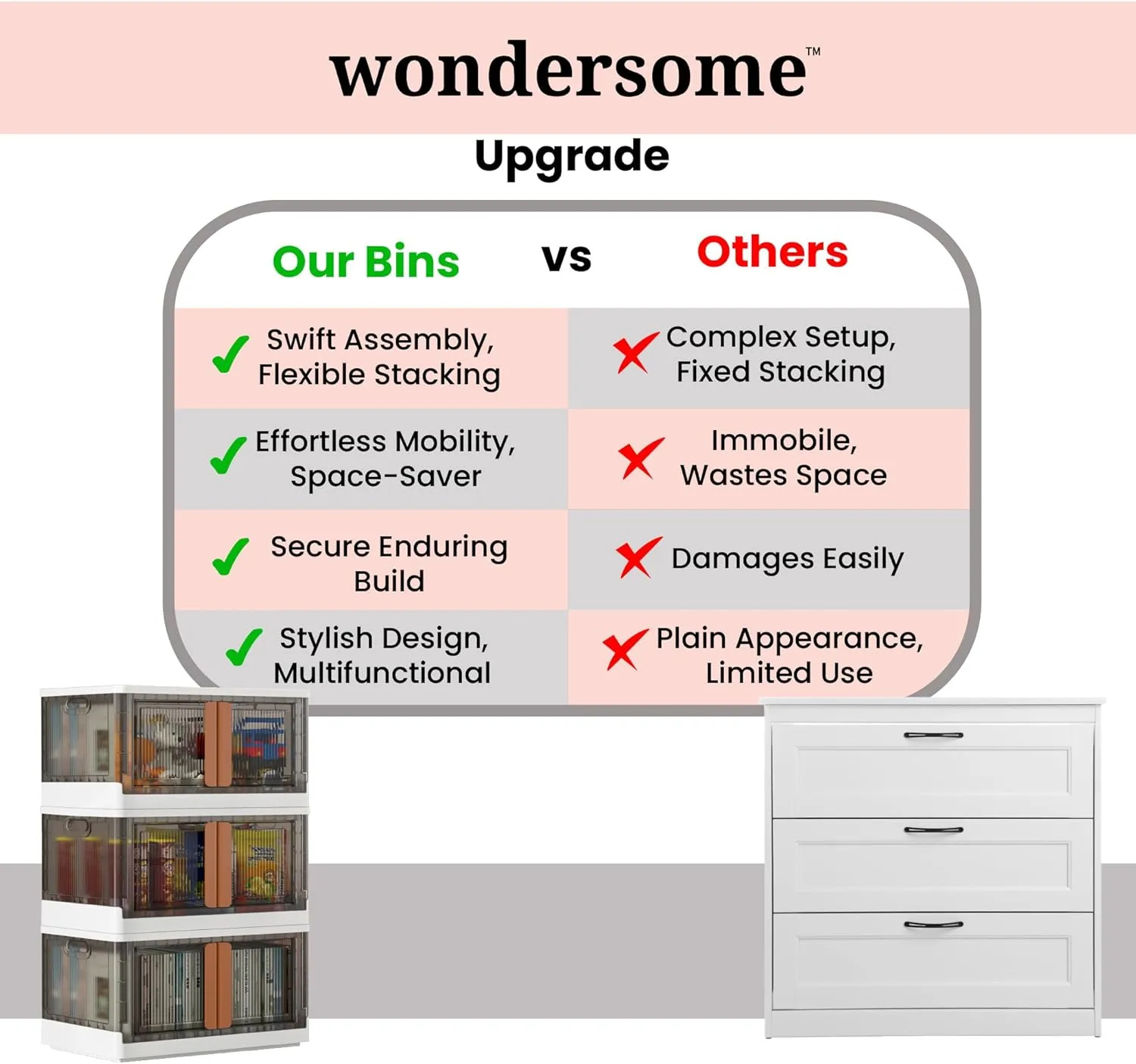 Wondersome Collapsible Storage Bins - 3-Pack of Extra-Large 19-Gallon/76-Quart Stackable Wheeled Clothing, Shoe, Bedroom, Office Organizer - Foldable Containers - Assembles in Second - US-Based Brand