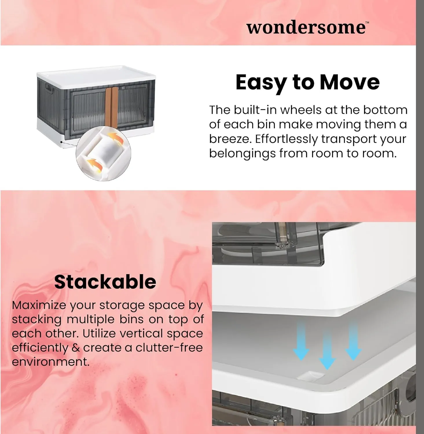 Wondersome Collapsible Storage Bins - 3-Pack of Extra-Large 19-Gallon/76-Quart Stackable Wheeled Clothing, Shoe, Bedroom, Office Organizer - Foldable Containers - Assembles in Second - US-Based Brand
