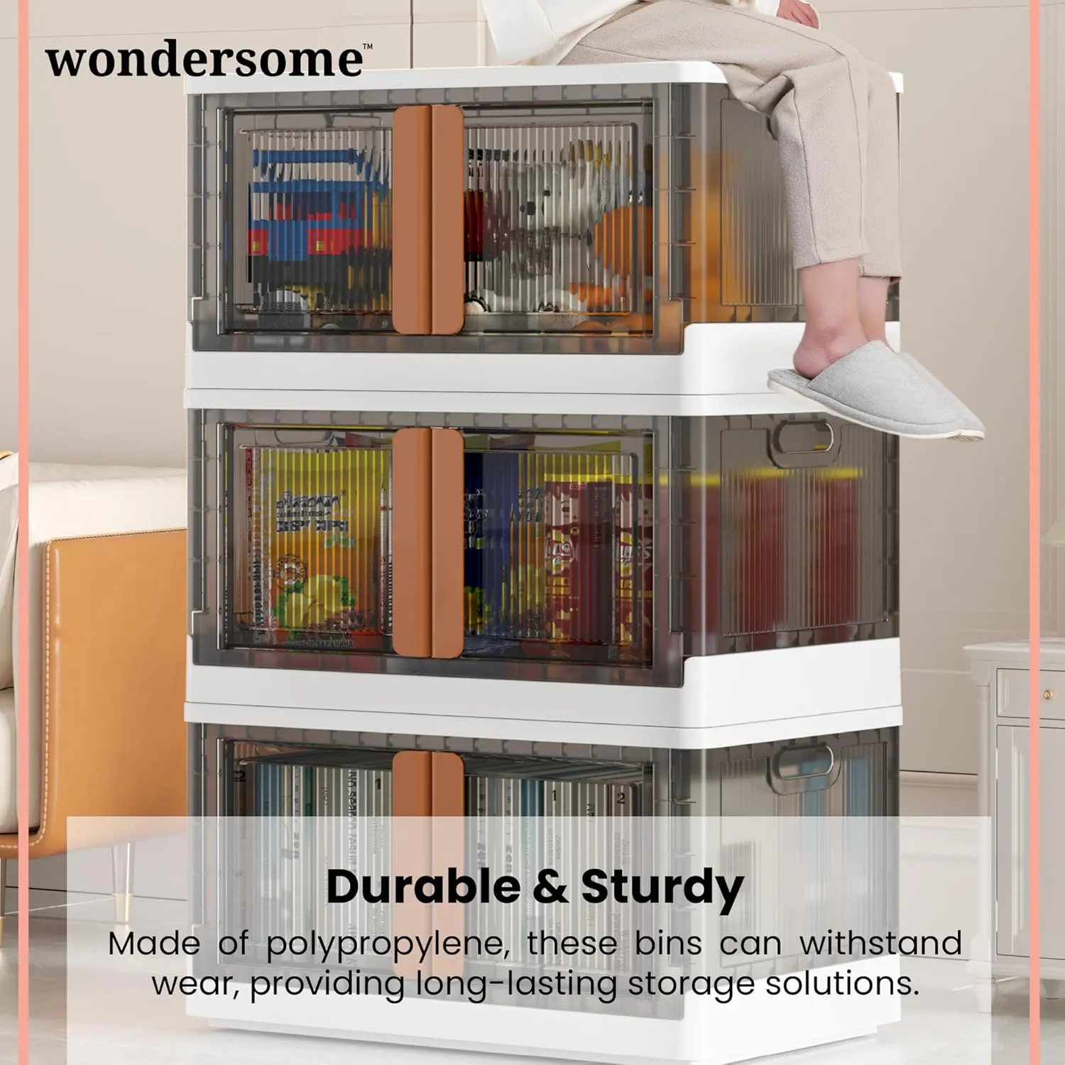 Wondersome Collapsible Storage Bins - 3-Pack of Extra-Large 19-Gallon/76-Quart Stackable Wheeled Clothing, Shoe, Bedroom, Office Organizer - Foldable Containers - Assembles in Second - US-Based Brand