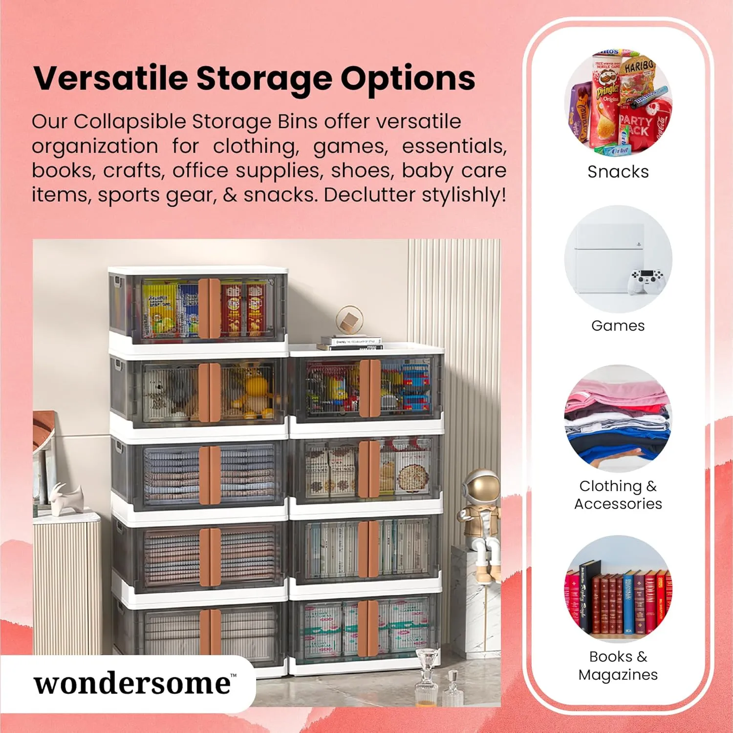 Wondersome Collapsible Storage Bins - 6-Pack of Large 8.5-Gallon/33.8-Quart Stackable Wheeled Clothing, Shoe, Bedroom, Office Organizer - Foldable Containers and Assembles in Second - US-Based Brand