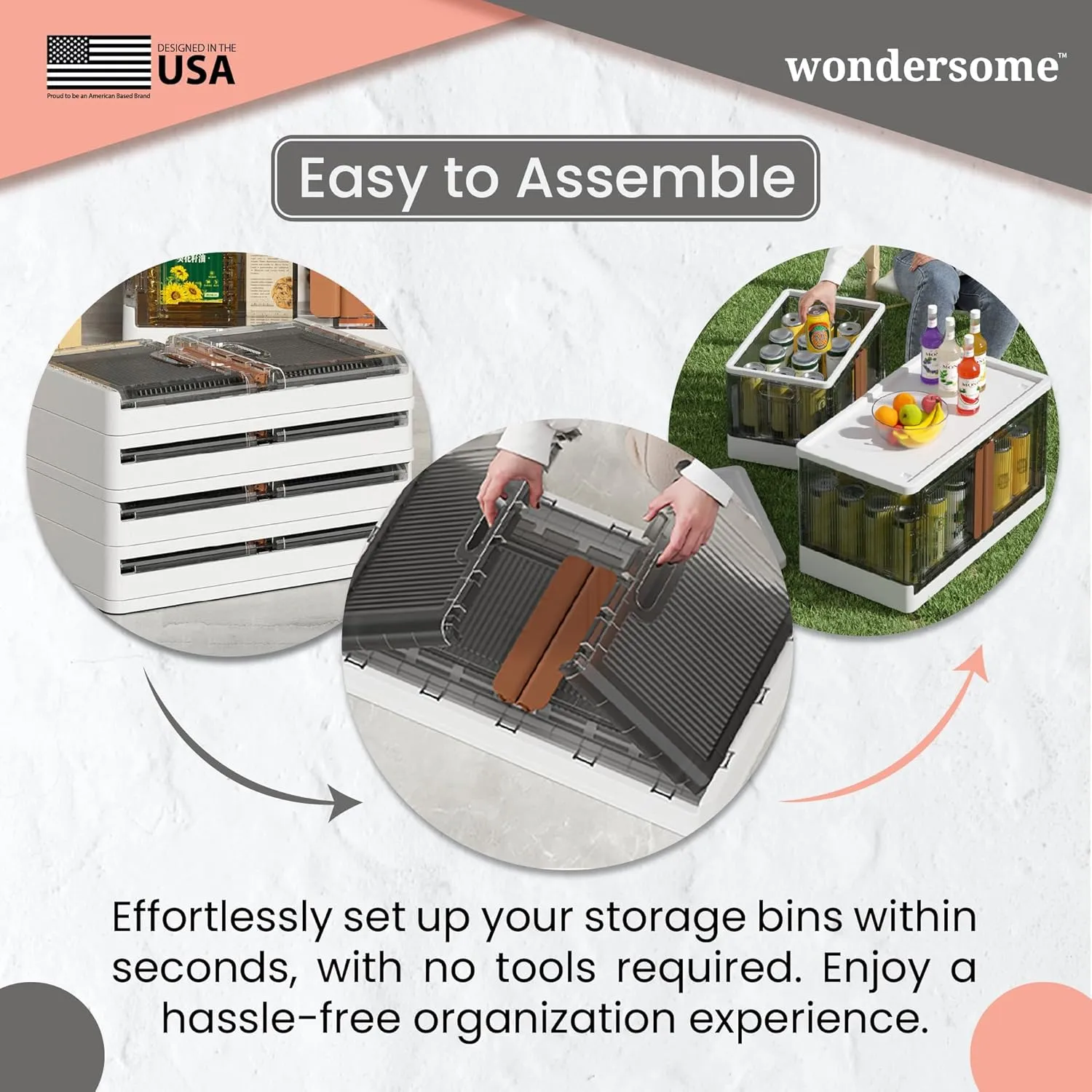 Wondersome Collapsible Storage Bins - 6-Pack of Large 8.5-Gallon/33.8-Quart Stackable Wheeled Clothing, Shoe, Bedroom, Office Organizer - Foldable Containers and Assembles in Second - US-Based Brand