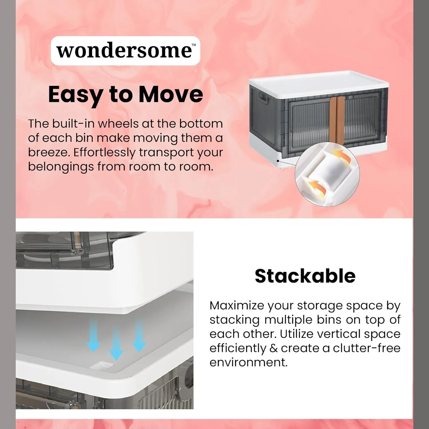 Wondersome Collapsible Storage Bins - 6-Pack of Large 8.5-Gallon/33.8-Quart Stackable Wheeled Clothing, Shoe, Bedroom, Office Organizer - Foldable Containers and Assembles in Second - US-Based Brand