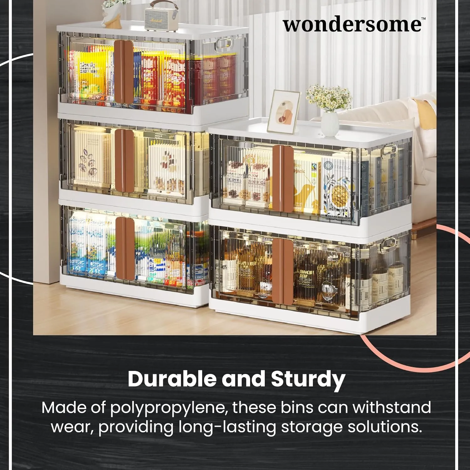 Wondersome Collapsible Storage Bins - 6-Pack of Large 8.5-Gallon/33.8-Quart Stackable Wheeled Clothing, Shoe, Bedroom, Office Organizer - Foldable Containers and Assembles in Second - US-Based Brand