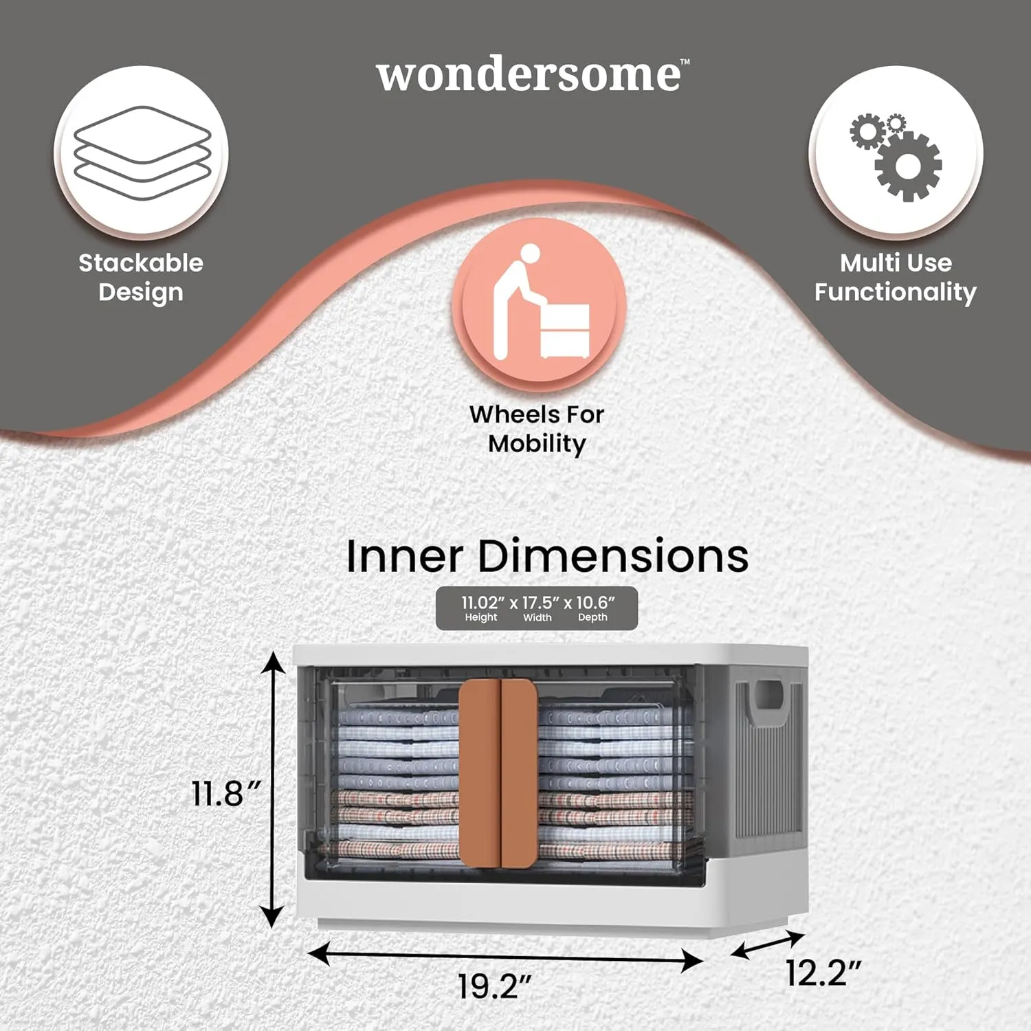 Wondersome Collapsible Storage Bins - 6-Pack of Large 8.5-Gallon/33.8-Quart Stackable Wheeled Clothing, Shoe, Bedroom, Office Organizer - Foldable Containers and Assembles in Second - US-Based Brand