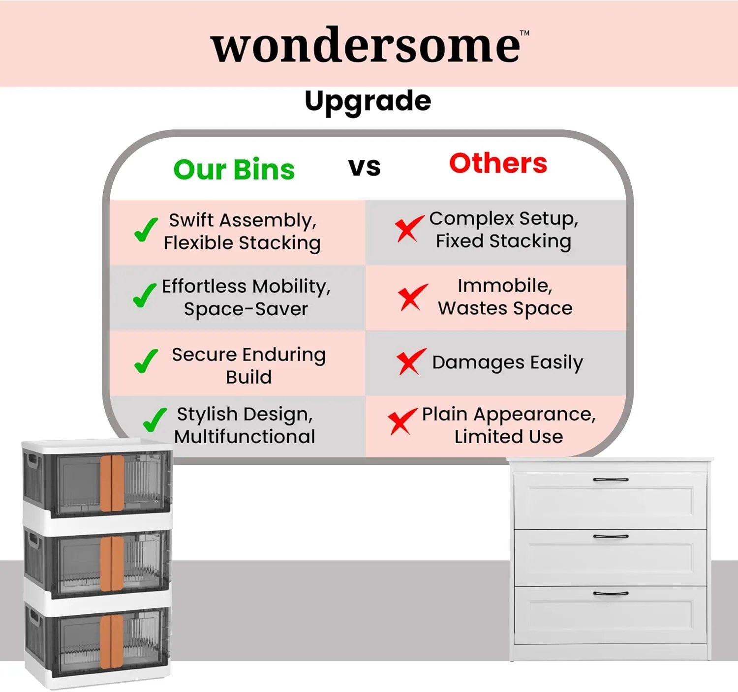 Wondersome Collapsible Storage Bins - 6-Pack of Large 8.5-Gallon/33.8-Quart Stackable Wheeled Clothing, Shoe, Bedroom, Office Organizer - Foldable Containers and Assembles in Second - US-Based Brand
