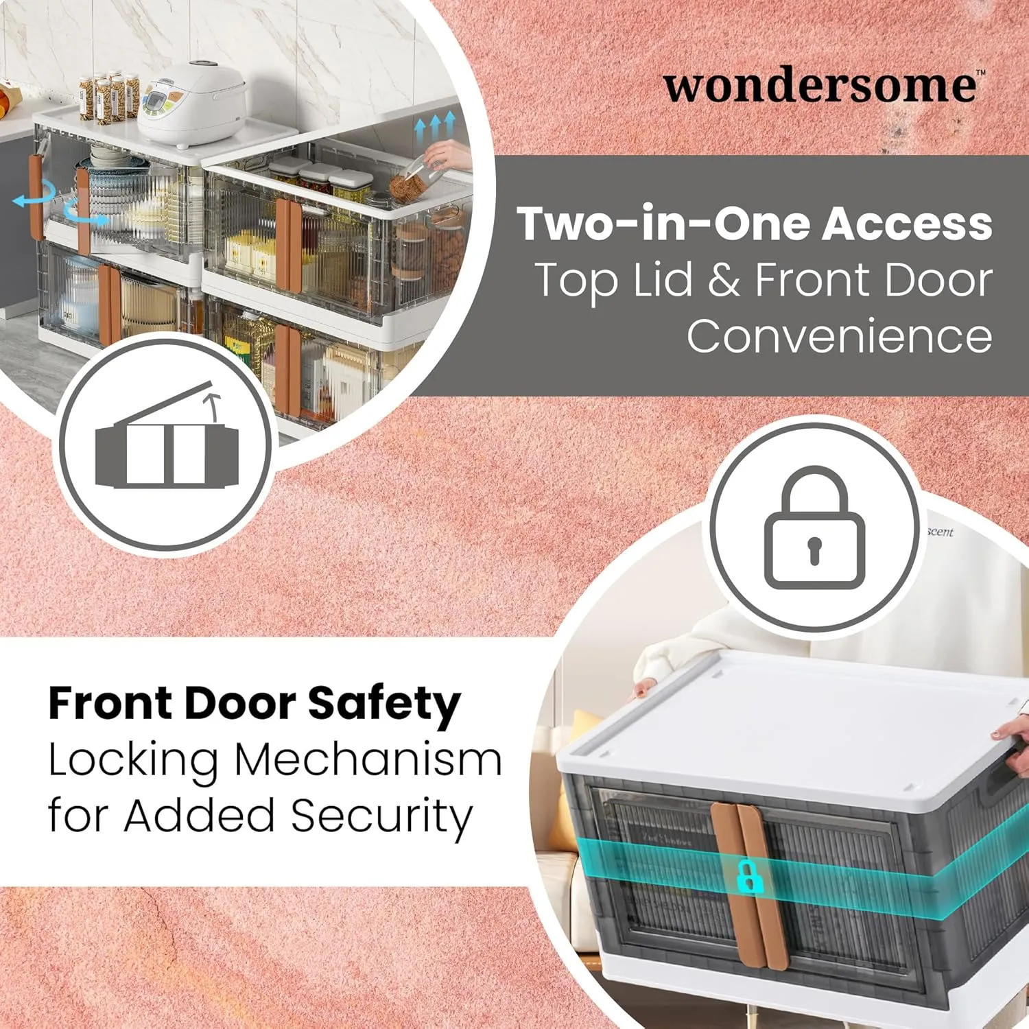 Wondersome Collapsible Storage Bins - 6-Pack of Large 8.5-Gallon/33.8-Quart Stackable Wheeled Clothing, Shoe, Bedroom, Office Organizer - Foldable Containers and Assembles in Second - US-Based Brand