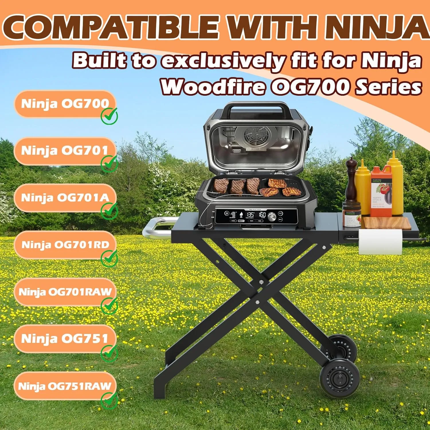 Woodfire Outdoor Grill Stand for Ninja Woodfire OG700 Series, Collapsible Outdoor Grill Stand for Ninja OG701 OG751 Woodfire Accessories Portable Grill Cart with Wheels for Outside Camping