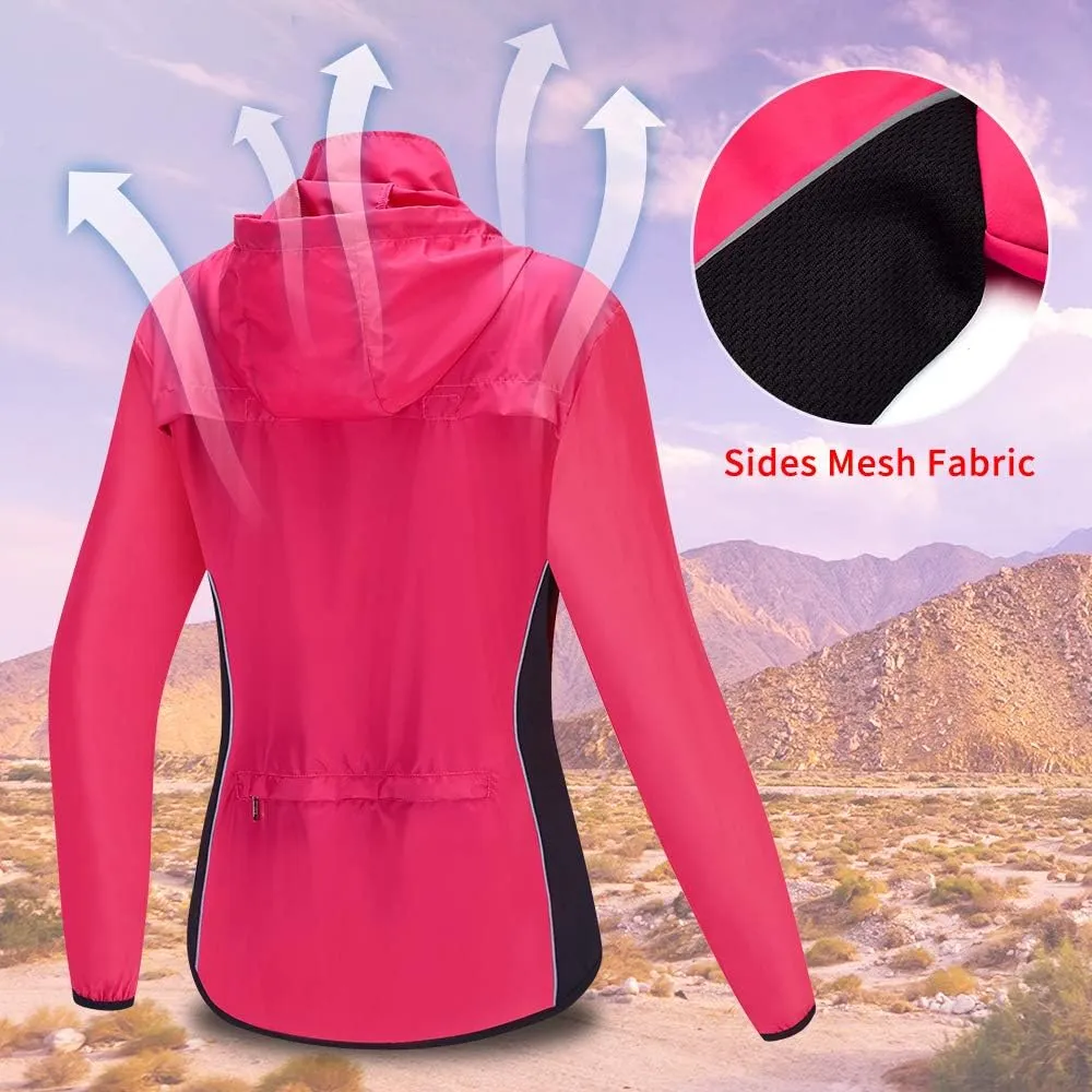 WOSAWE Women's Packable Cycling Jacket Water Resistance Running Hooded Windbreaker