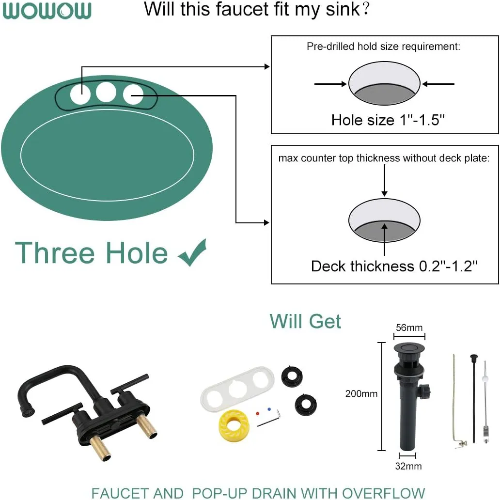 WOWOW Bathroom Faucet Black 4 inch Bathroom Sink Faucet Centerset Lift Rod Drain Stopper 2 Handle Lavatory Commercial Contemporary Faucet High Arc Brass Faucets for Bathroom