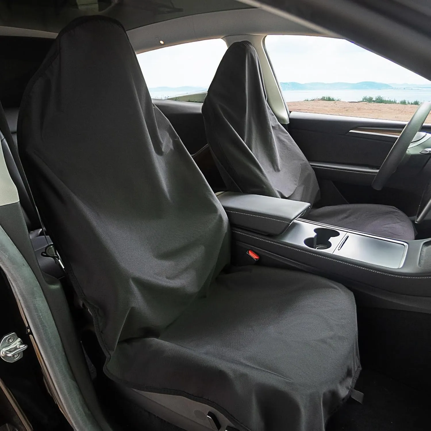 XCAR 2PCS Waterproof Car Seat Covers for Front and Rear Seats, Airbag Compatible,Cloth Seat Covers Universal Fit for Truck Van SUV Black