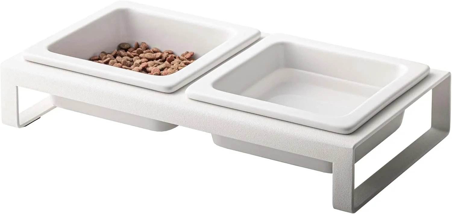 Yamazaki Home Tower Steel and Ceramic Pet Food Stand | 2 Bowls for Food and Water | Feeder for Small Cats and Dogs | Non-Slip - Short - 1.25 Cups, 300 Milliliters Per Bowl, White