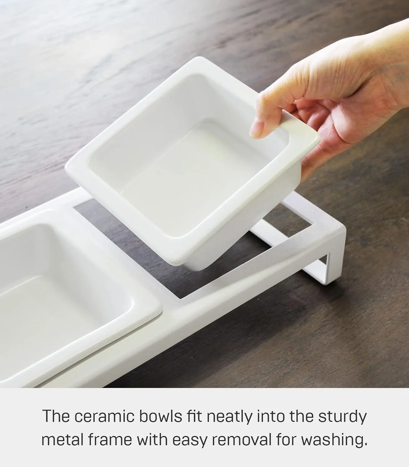 Yamazaki Home Tower Steel and Ceramic Pet Food Stand | 2 Bowls for Food and Water | Feeder for Small Cats and Dogs | Non-Slip - Short - 1.25 Cups, 300 Milliliters Per Bowl, White
