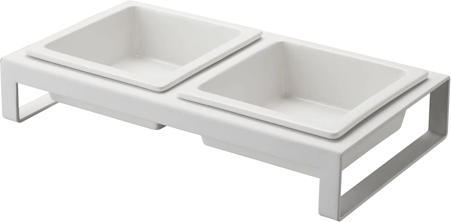 Yamazaki Home Tower Steel and Ceramic Pet Food Stand | 2 Bowls for Food and Water | Feeder for Small Cats and Dogs | Non-Slip - Short - 1.25 Cups, 300 Milliliters Per Bowl, White