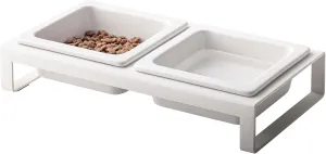 Yamazaki Home Tower Steel and Ceramic Pet Food Stand | 2 Bowls for Food and Water | Feeder for Small Cats and Dogs | Non-Slip - Short - 1.25 Cups, 300 Milliliters Per Bowl, White
